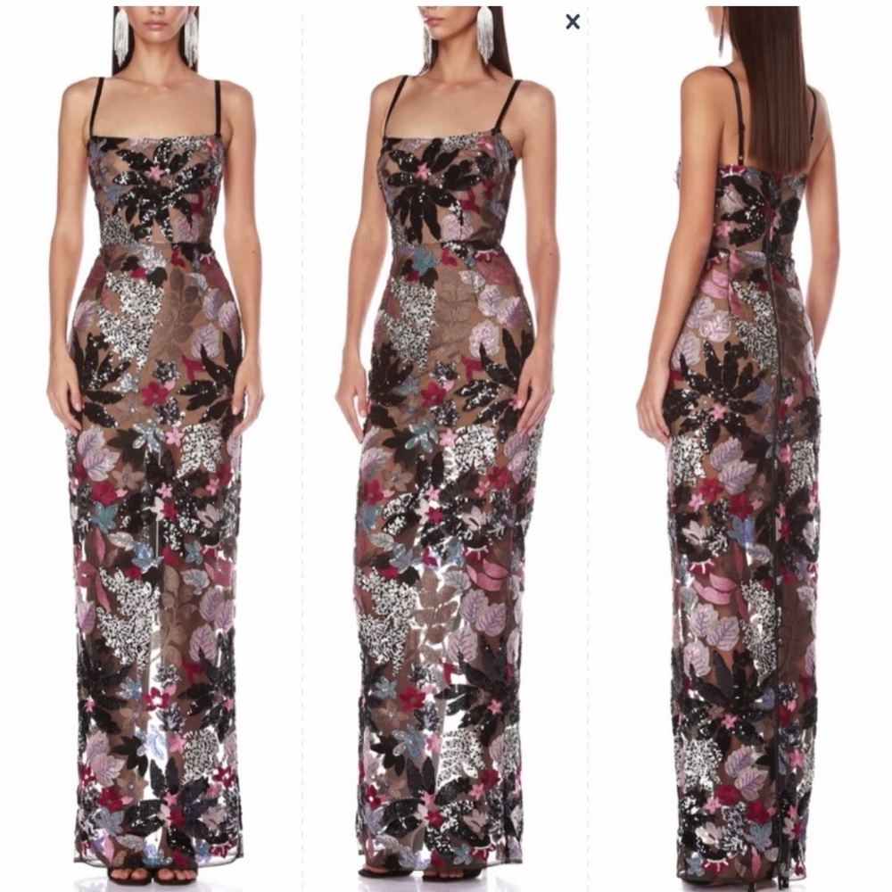 Bronx and Banco Black Floral Sequin Maxi Dress with Pink and Brown Accents
